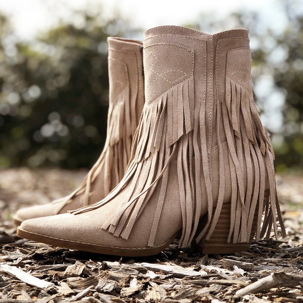 NEW Fringe Tassel Faux Suede Pointy Toe Block Heel Western Booties Boots Taupe - Picture 2 of 14